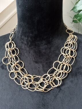 Gold Tone Multi Circle Link Statement Bib Necklace Lightweight Modern Boho Chic